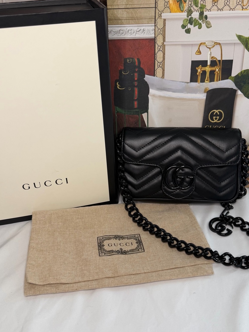 Gucci Black Marmont GG Chain Belt Bag